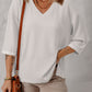 White Solid Color Corded Drop Shoulder 3/4 Sleeve V Neck Top