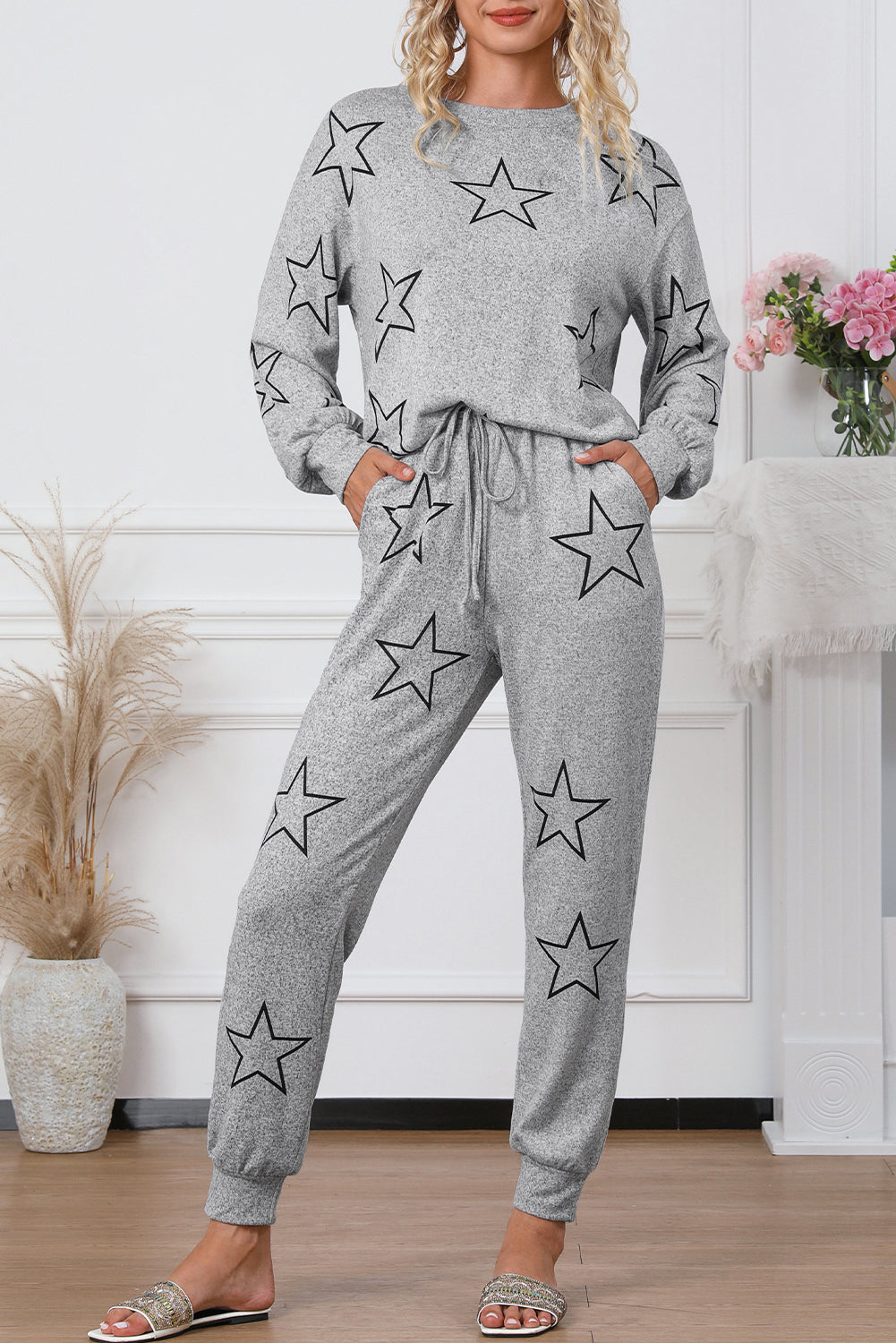 Grey Stars Print Long Sleeve Drawstring High Waist Lounge Set