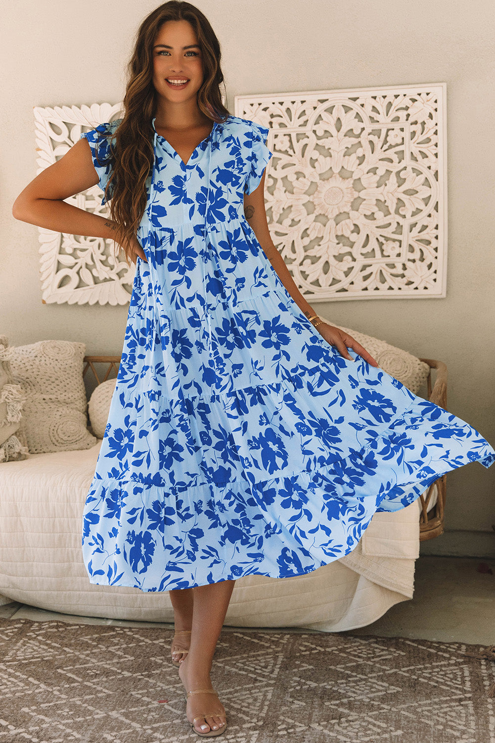 Sky Blue Floral Print Tiered Frilled Trim Flutter Sleeve Maxi Dress