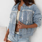 Sky Blue Sequin Embellished Fringe Distressed Denim Jacket