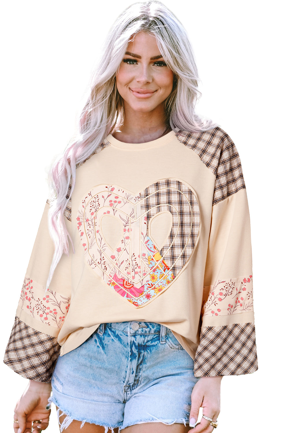 Clearly Aqua Plaid Floral Peace Heart Graphic Wide Long Sleeve Top