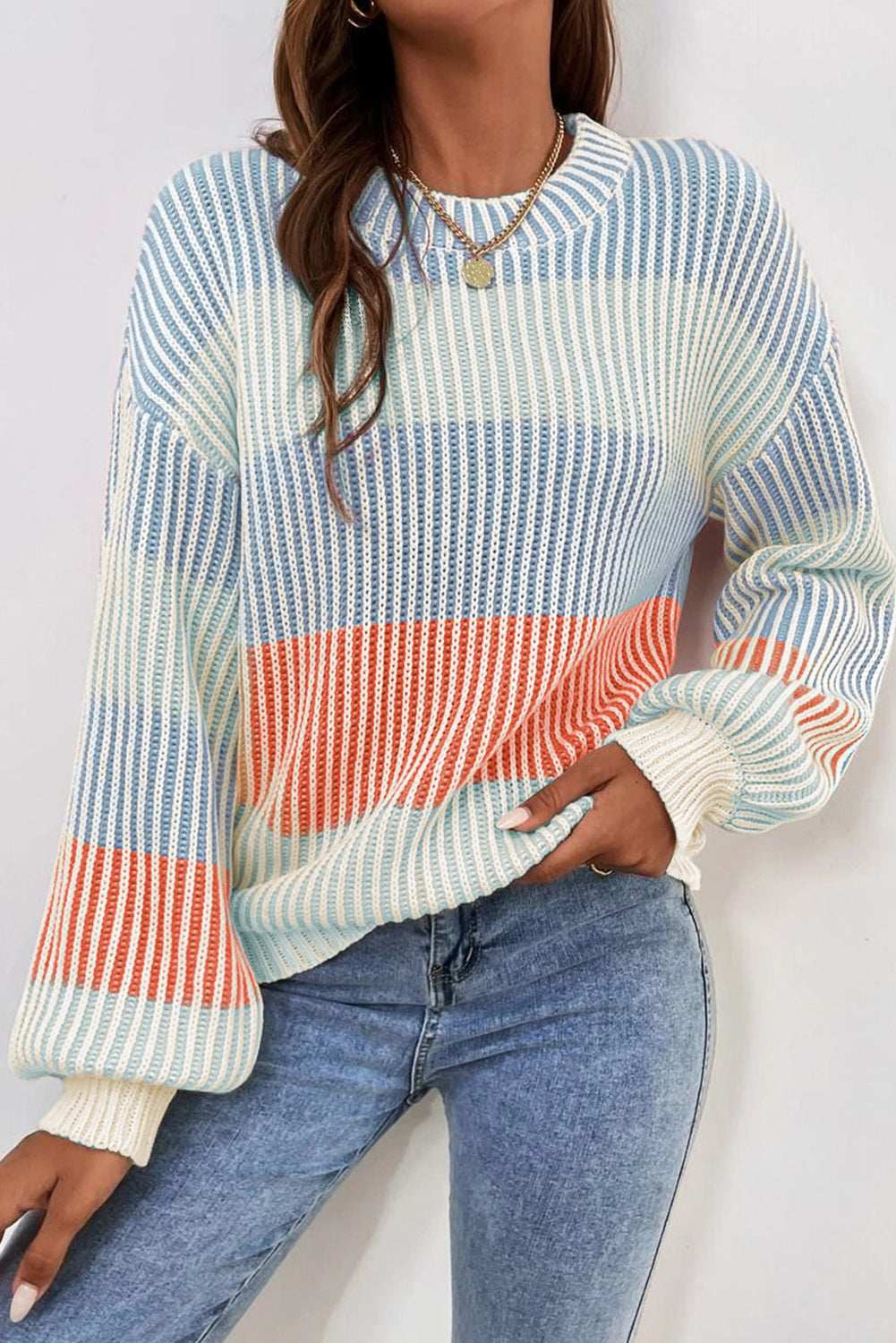 Multicolour Colorblock Textured Knit Bubble Sleeve Sweater