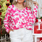 Rose Animal Print Long Sleeve V Neck Plus Size Top