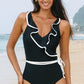 Black Color Contrast Ruffled Wrap V Neck Swimsuit