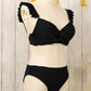 Black Wavy Textured Ruffled Straps Twist Bikini Swimsuit