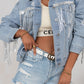 Sky Blue Sequin Embellished Fringe Distressed Denim Jacket