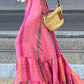 Pink Boho Printed Tasseled Drawstring Ruffled Maxi Skirt