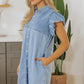 Beau Blue Flutter Sleeve Shirred Detail Button Up Denim Mini Dress