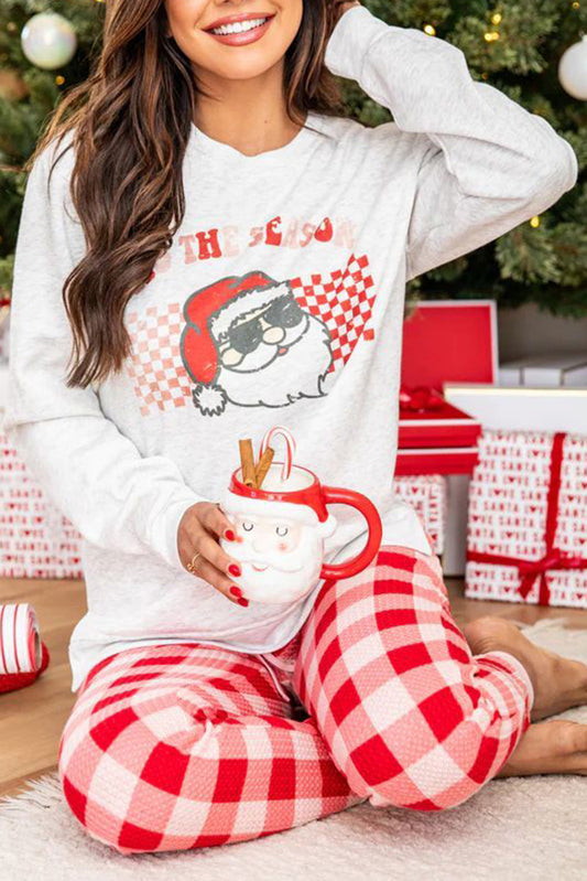 Multicolour Christmas Claus Graphic Top Plaid Trousers Lounge Set