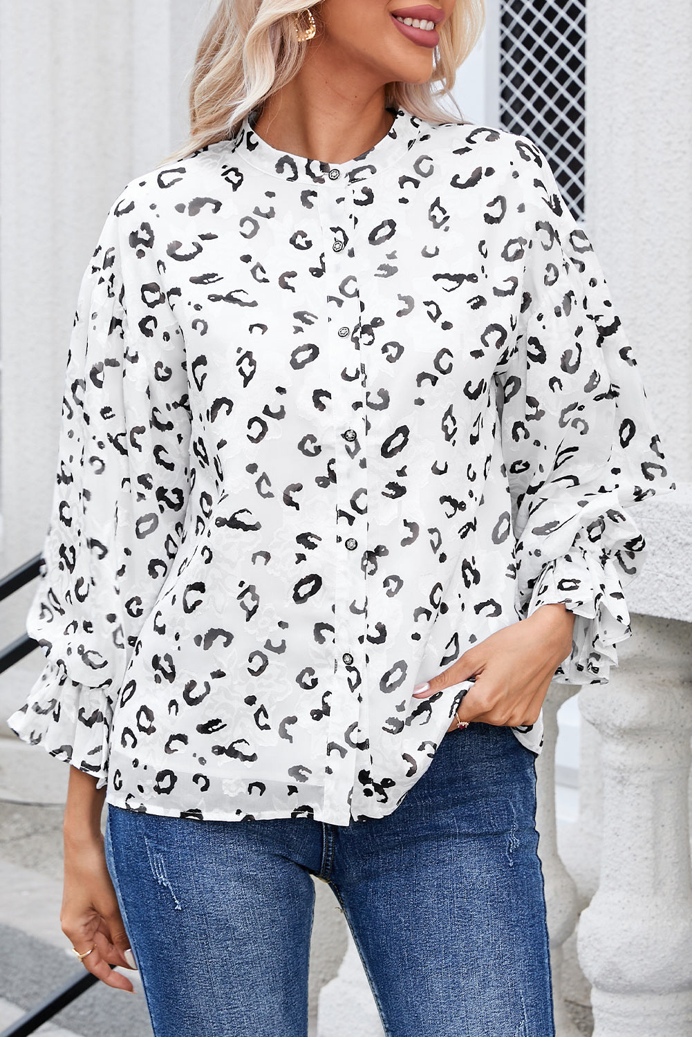 White Leopard Print Button up Ruffled Sleeve Shirt