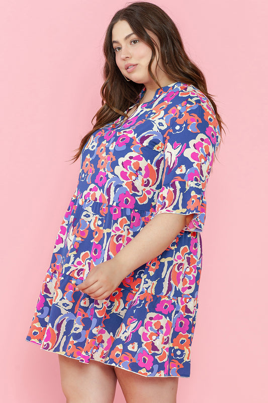 Blue Plus Size Floral Print Ruffled 3/4 Sleeve Mini Dress