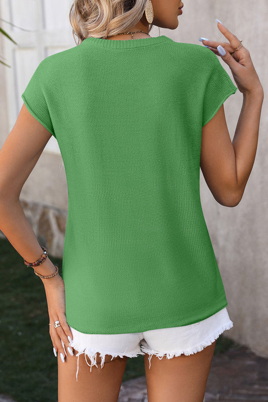 Dark Green Cap Sleeve Round Neck Knitted Sweater Tee