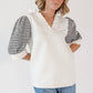 White Geometric Textured Short Sleeve Frilly V Neck Blouse