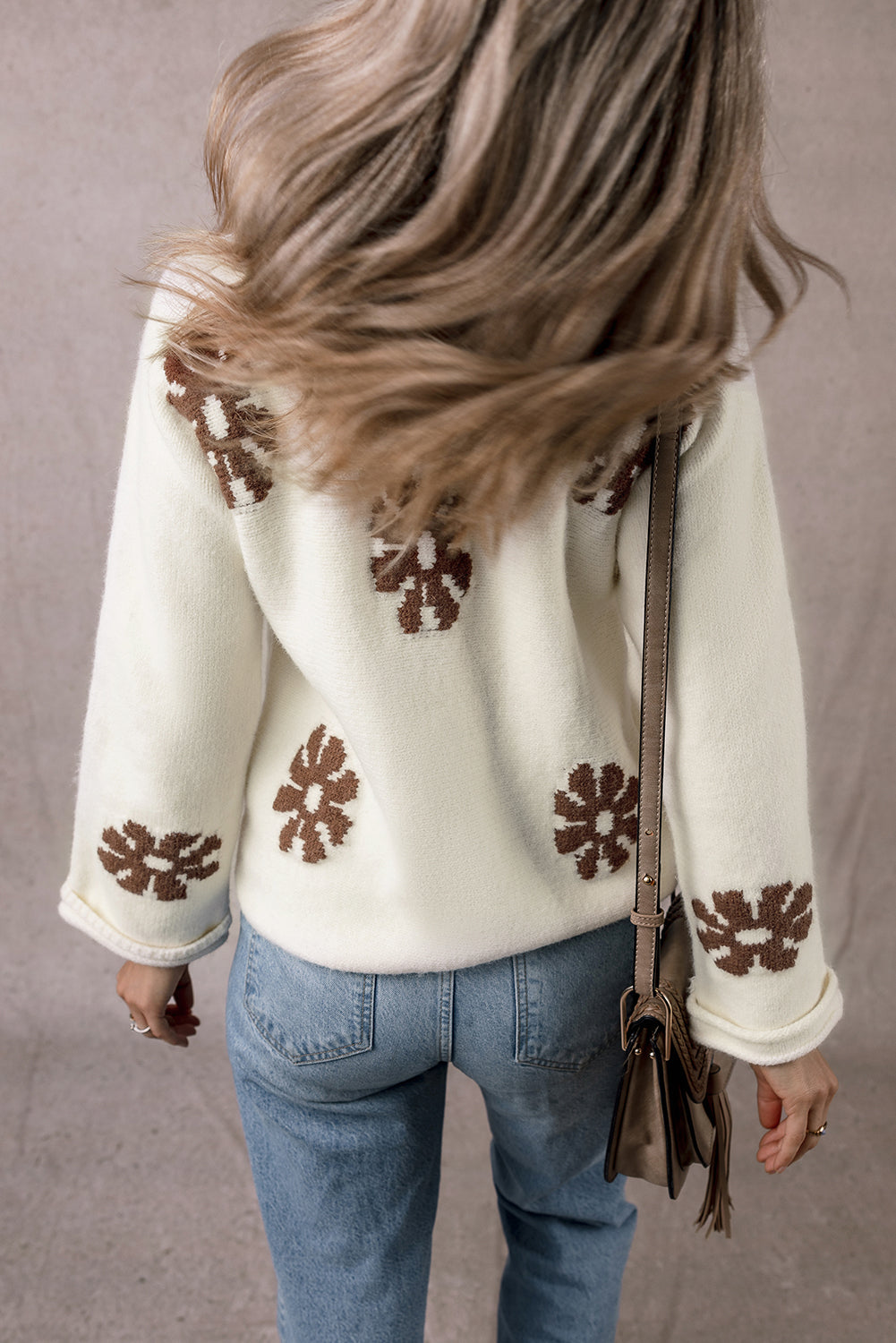 White Colourblock Floral Pattern Round Neck Sweater