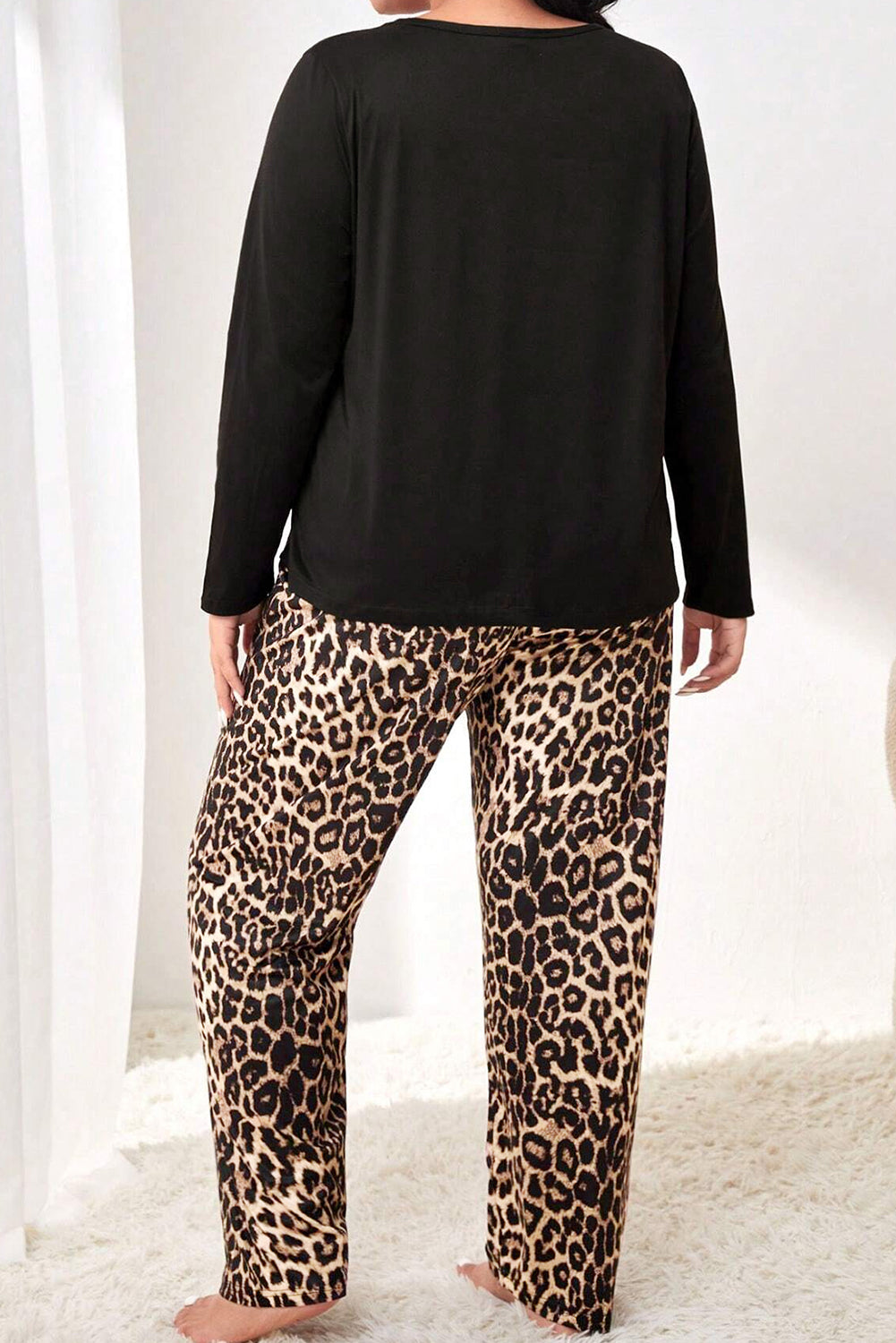 Black Leopard Patched Pocket Long Sleeve Top Plus Size Trousers Set