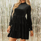 Evergreen Velvet High Neck Tiered Ruffle Mini Dress