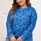 Sky Blue Leopard Ribbed Edge Drop Shoulder Pullover Sweatshirt