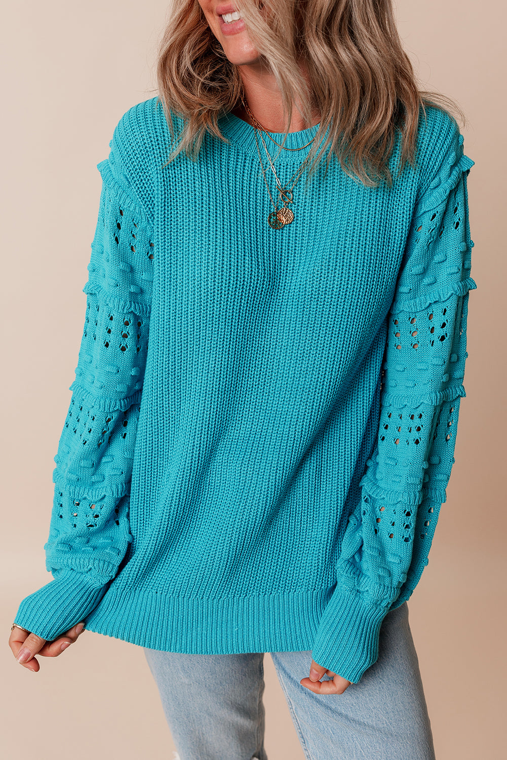 Turquoise Ruffled Eyelet Bubble Sleeve Sweater