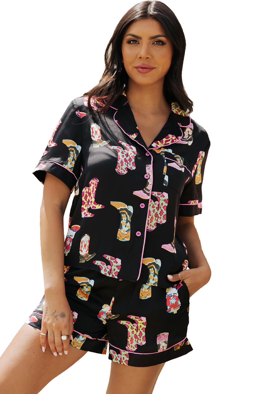 Black Western Boots Printed Short Pyjamas Set