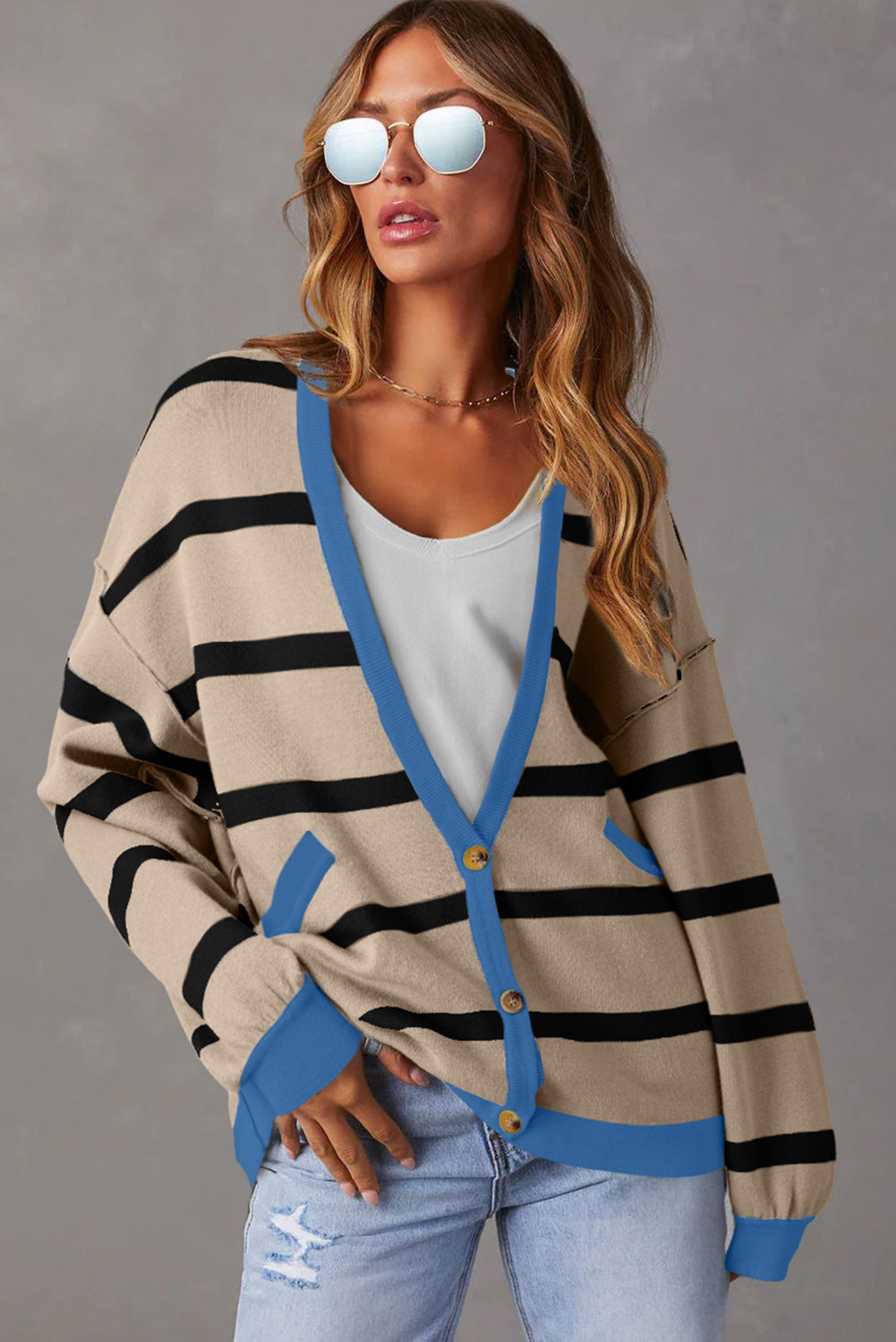 White Colourblock Drop Shoulder Buttoned Loose Cardigan