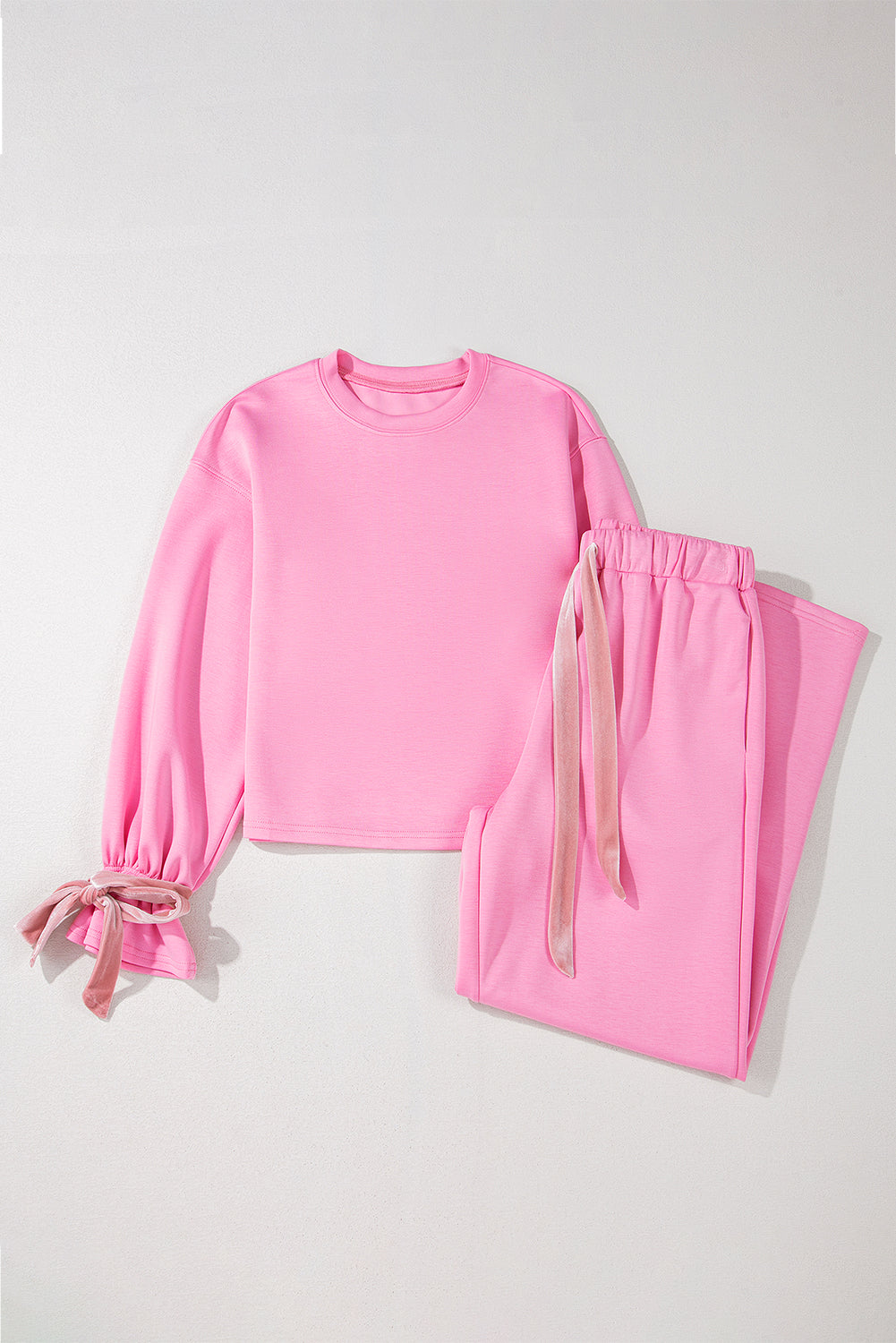 Bonbon Solid Colour Drawstring Long Sleeve Top and Trousers Set