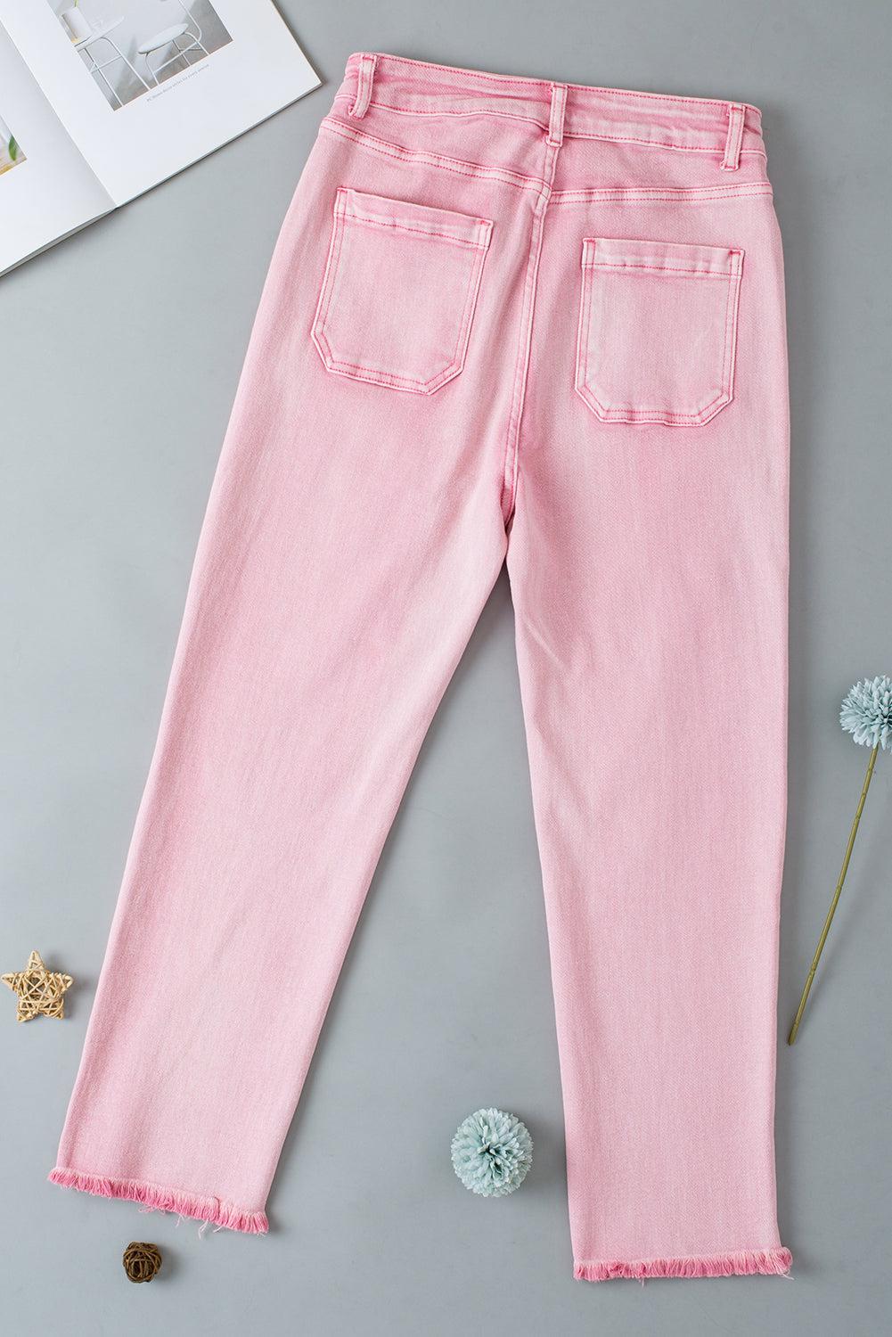 Apricot Pink Multi Buttons Raw Edge Crop Jeans