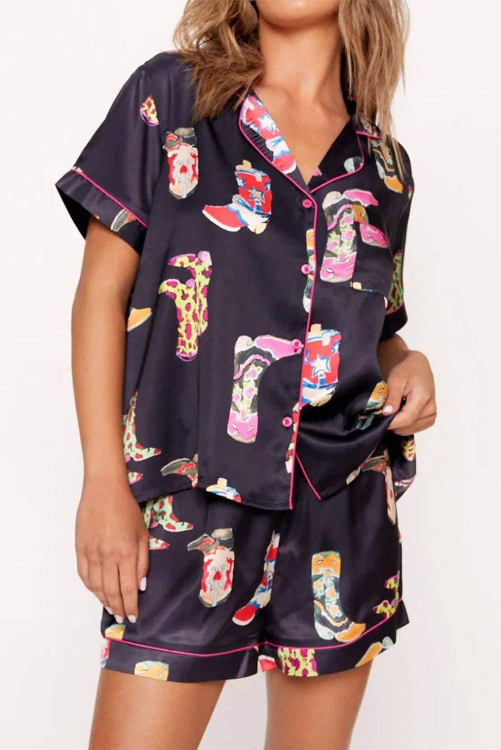 Black Western Boots Printed Short Pyjamas Set