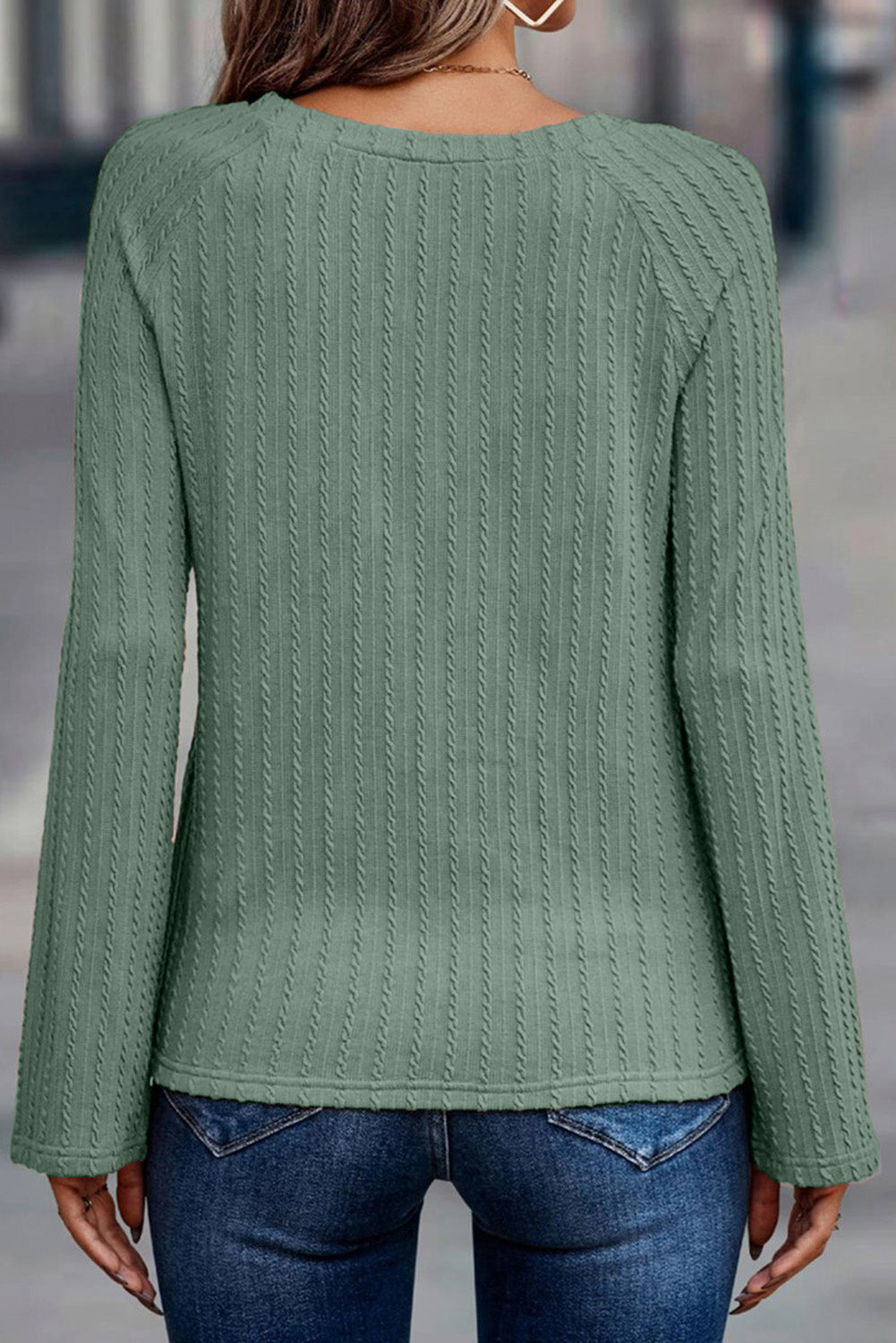 Green Ribbed Round Neck Knit Long Sleeve Top