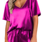 Bright Pink Satin V Neck Tee and Drawstring Shorts Set