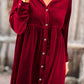 Fiery Red Long Sleeve Ruffle Velvet Button Up Dress