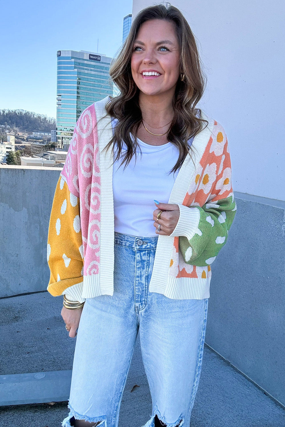 Orange Flower & Dotted Mixed Print Colourblock Open Front Cardigan