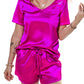 Bright Pink Satin V Neck Tee and Drawstring Shorts Set