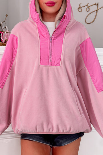 Pink Colourblock Patchwork Half Zip Oversized Sherpa Hoodie