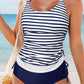 Blue Stripe Drawstring Tummy Control Mix-and-match 2pcs Tankini Swimsuit