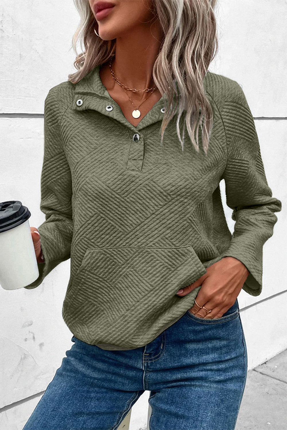 Laurel Green Textured Knit Buttoned Kangaroo Pocket Sweatshirt