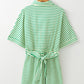 Green Stripe Textured Short Sleeve Collared Buttoned Waist Tie Romper