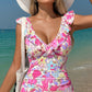 Pink Floral Ruffle Trim V Neck Lace-up Back Tummy Control One Piece Swimsuit