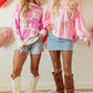 Pink Bow Knot Two Tone Checkered Crew Neck Sweater