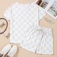 Beige Checkered V Neck Tee Drawstring Shorts Lounge Set