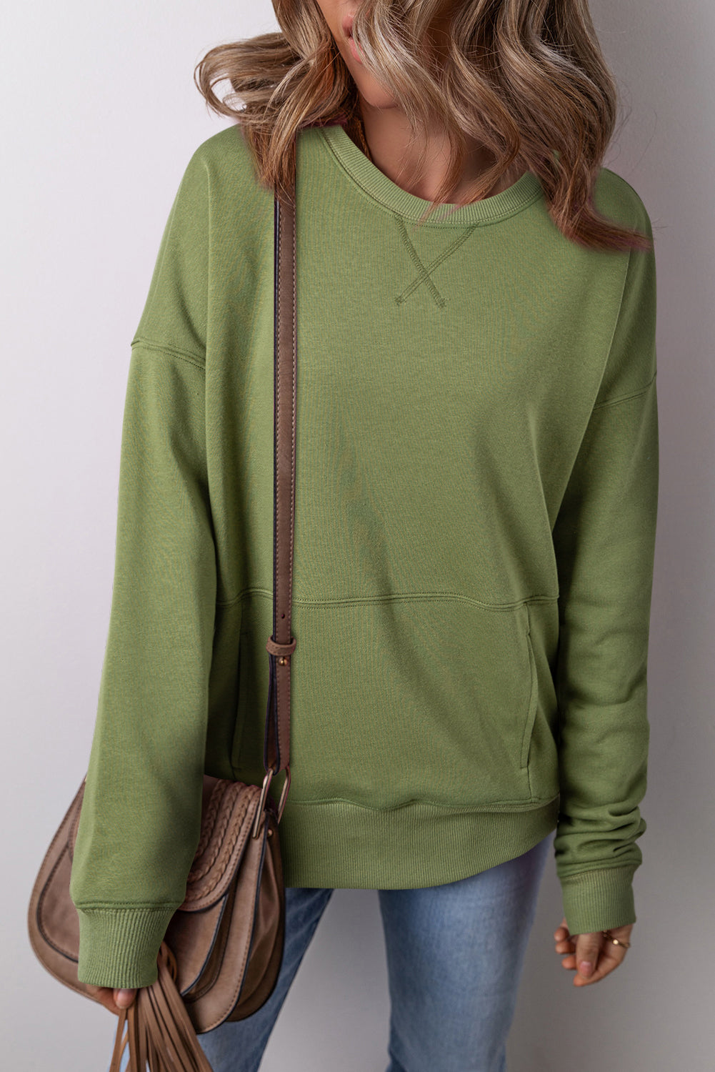 Rose Red Drop Shoulder Crisscross Stitching Pocketed Loose Sweatshirt