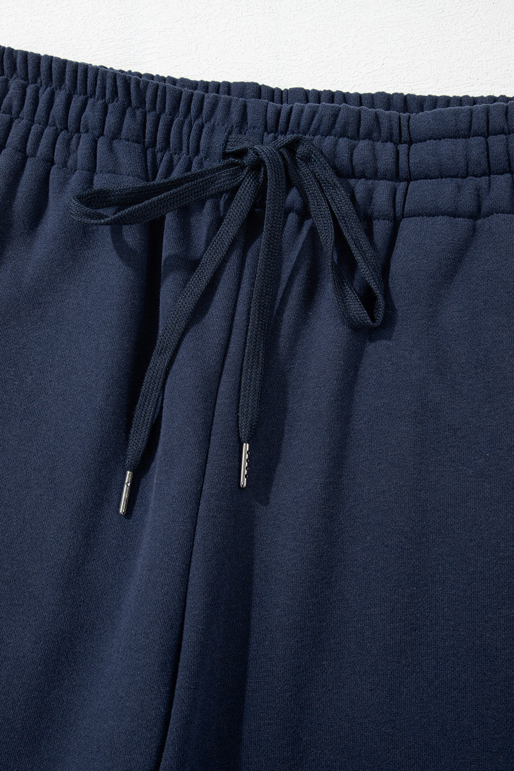 Navy Blue Solid Colour Fleece Lined Drawstring Waist Casual Trousers