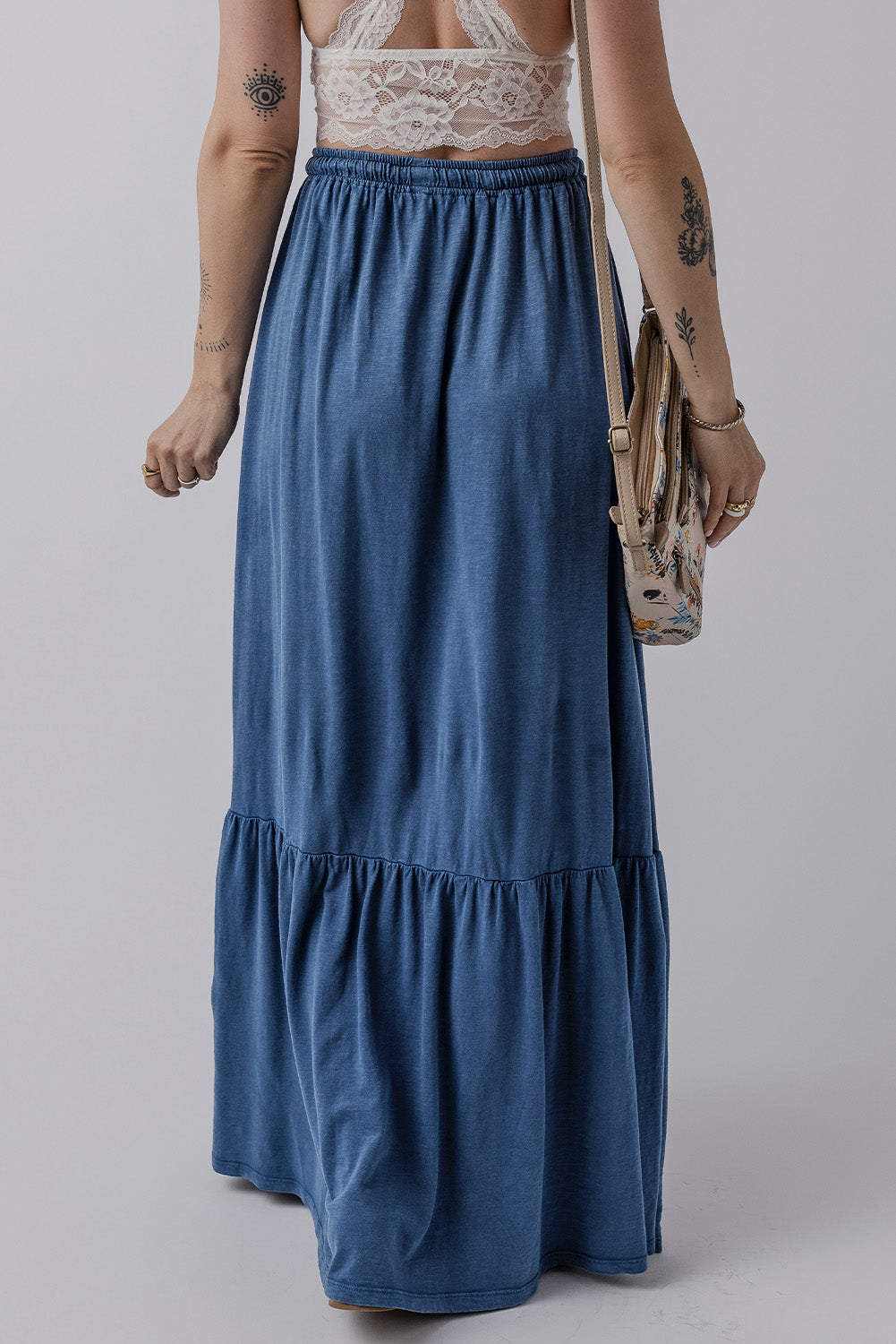 Sail Blue Solid Colour Lace up High Waist Tiered Maxi Skirt