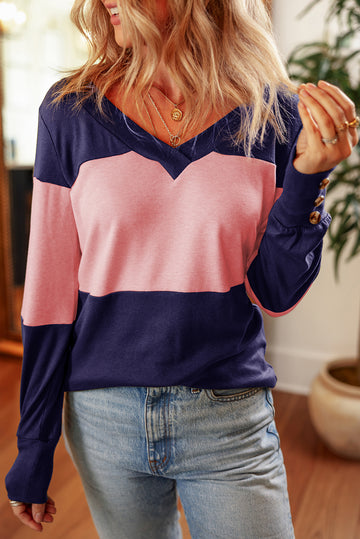 Blue Stripe Colorblock Button Decor Long Sleeve V Neck Top