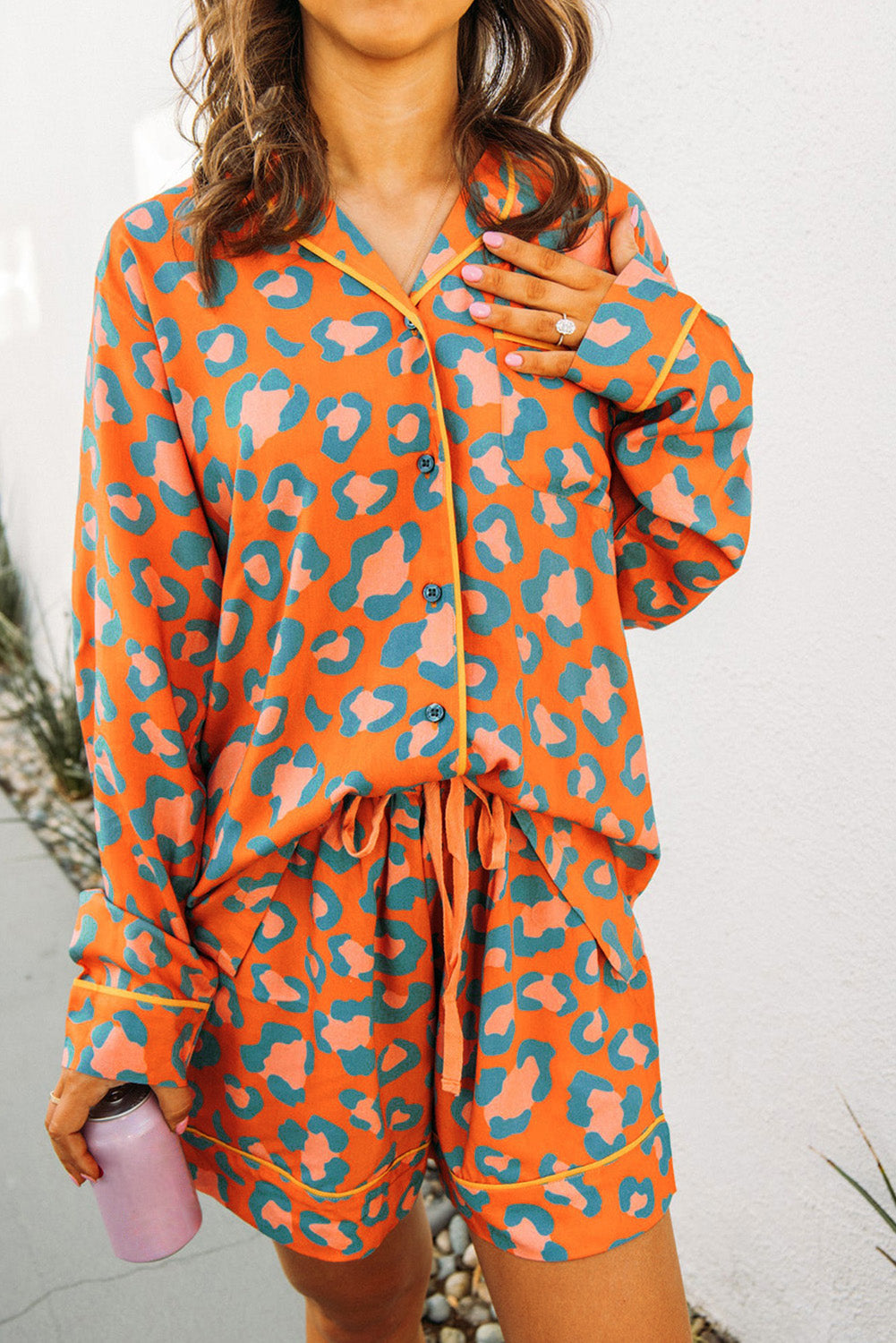 Orange Leopard Print Long Sleeve Shirt and Shorts Pyjamas Set