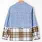 Khaki Plaid Patchwork Buttoned Oversized Denim Jacket