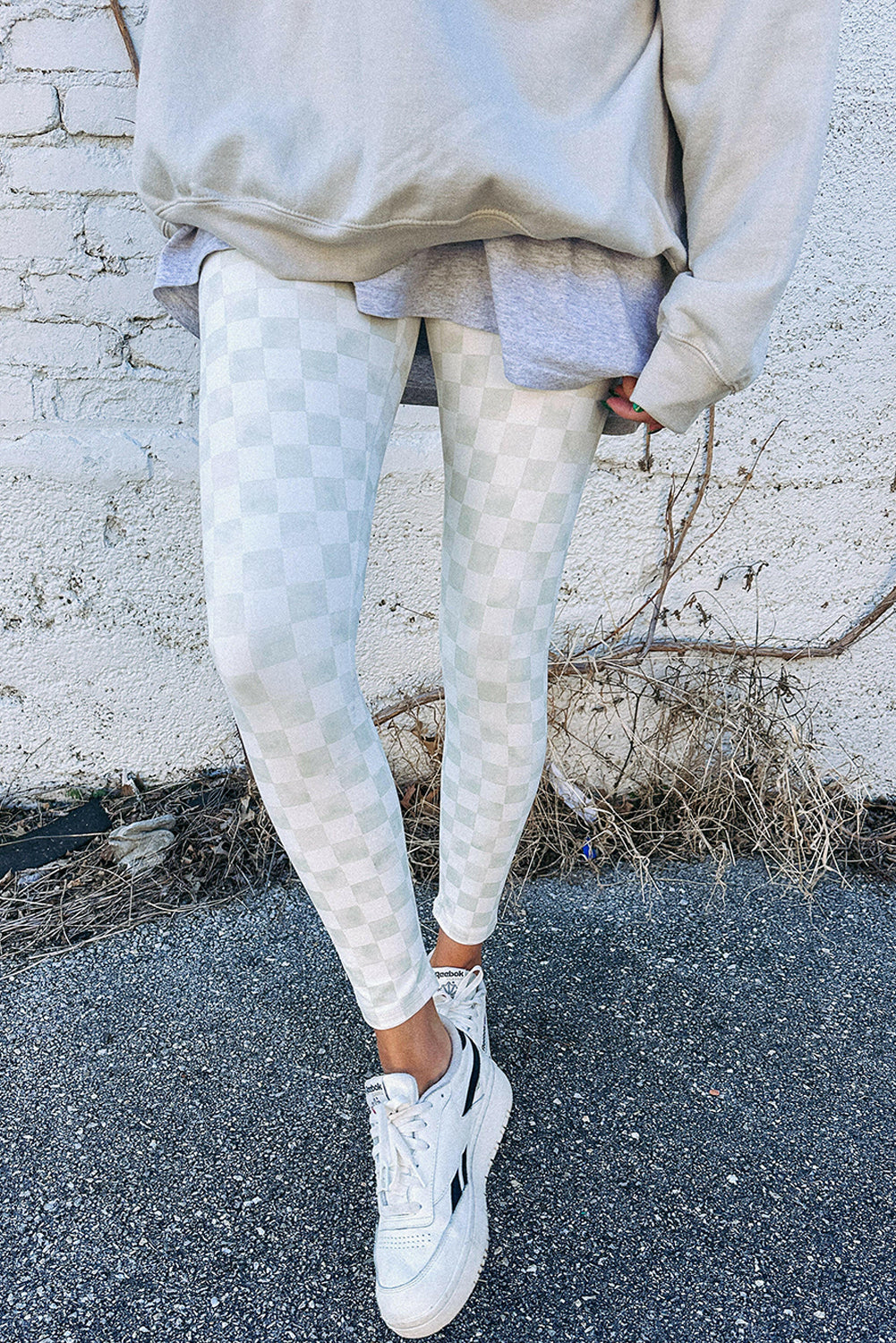 Grey Checkered Pattern High Waist Skinny Leggings