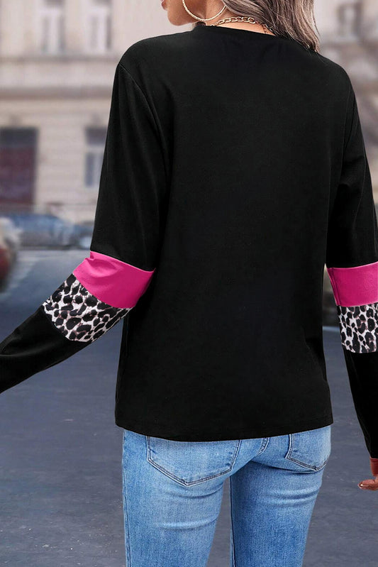 Rose Leopard Colourblock Patchwork Crew Neck Long Sleeve Tee