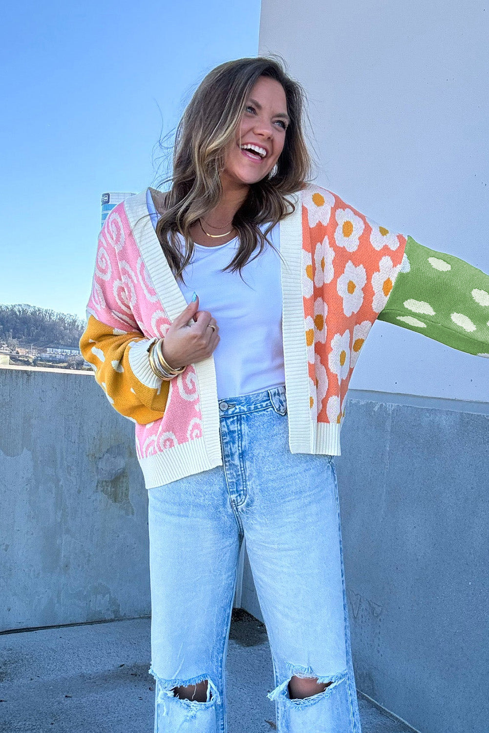 Orange Flower & Dotted Mixed Print Colourblock Open Front Cardigan