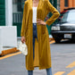 Yellow Velvet Open Front Pocketed Long Duster