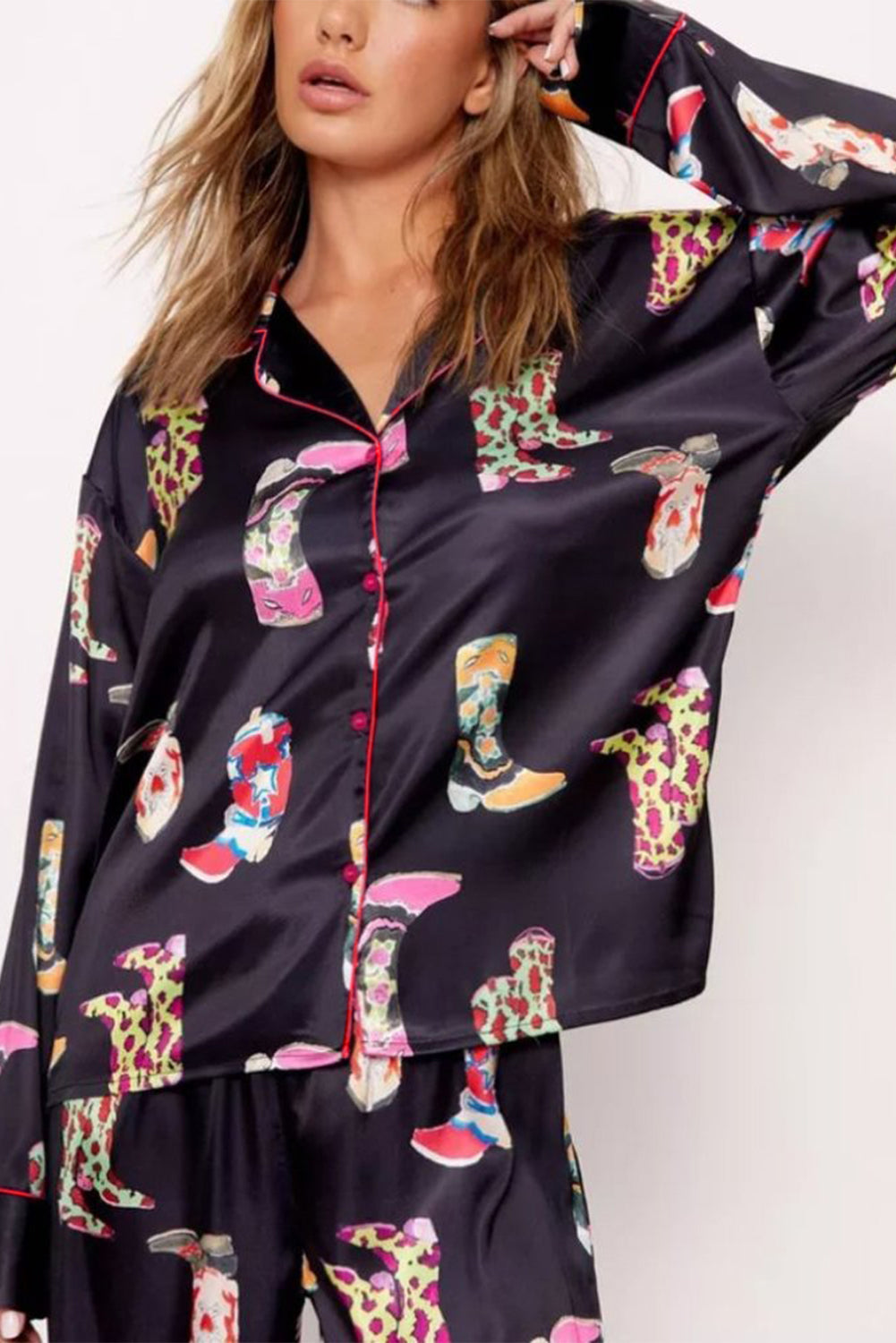 Black Western Cowgirl Boots Printed Satin Long Pyjamas Set